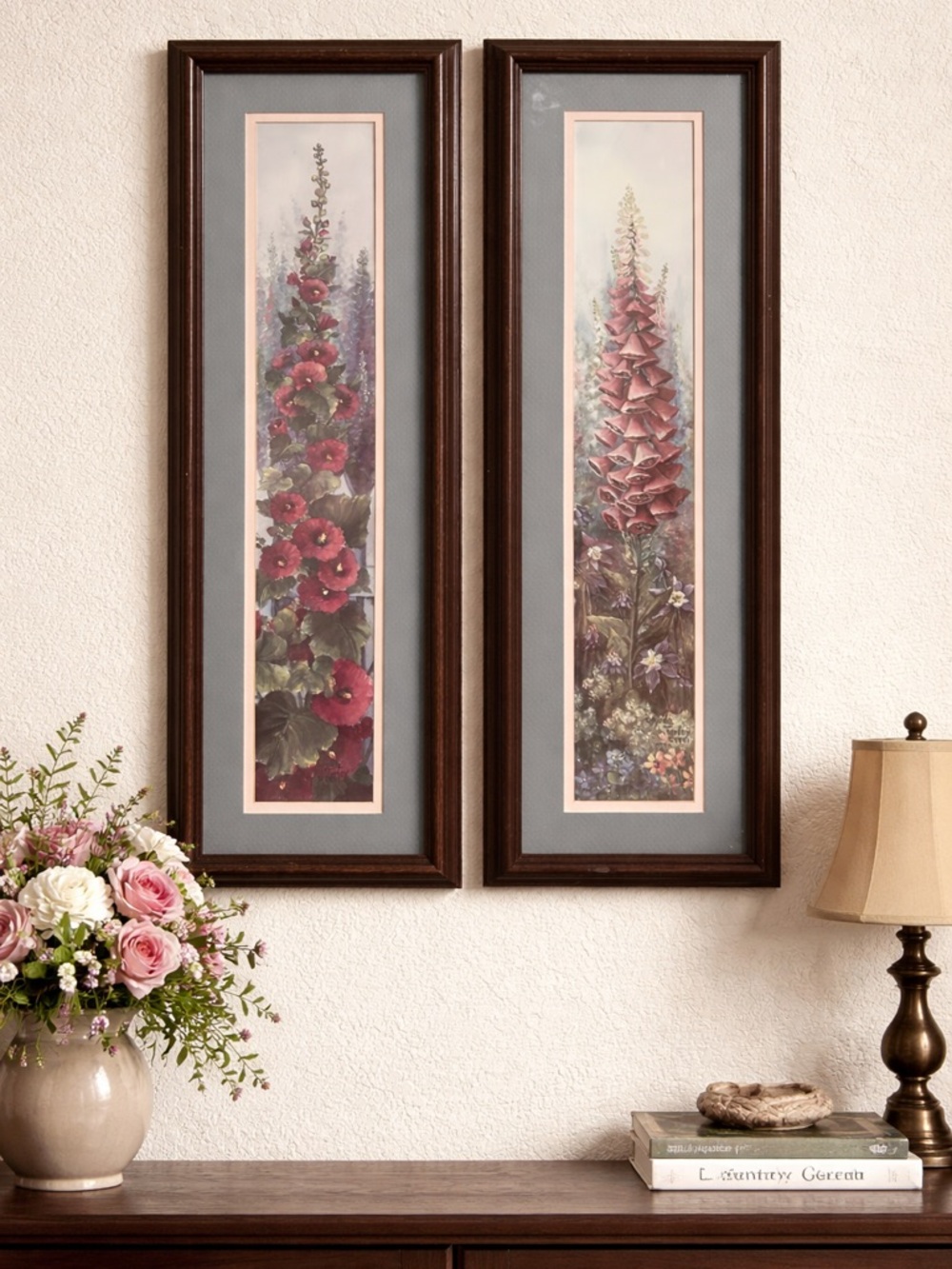 Glynda Turley Signed Framed Floral Print Set – Hollyhocks & Foxgloves